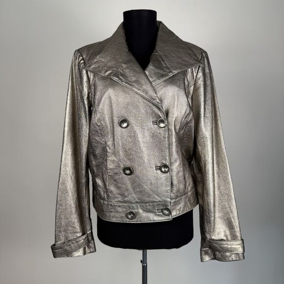 Vintage Spiegel Metallic Silver Cropped Double Breasted Leather Jacket Size 12 - Picture 1 of 13